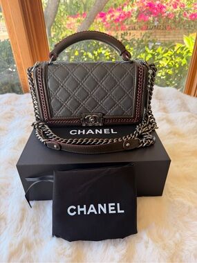 CHANEL Paris Salzburg Boy Top Handle Bag Grey Burgundy Chain Limited Edition